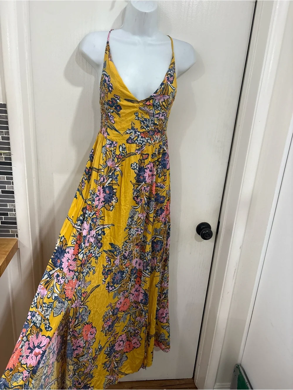 Free people bohemian flowy Yellow Floral Maxi Dress with Spaghetti Straps